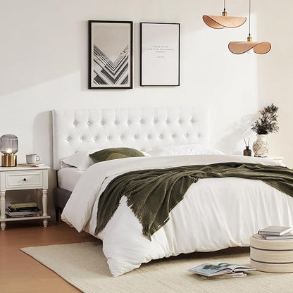 Tufted Upholstered Headboard California King Size, Solid Wood Head Board with Durable Metal Legs, Adjustable Height Bed headboard from 37” to 51” Fabric Headboard in Button Design, White