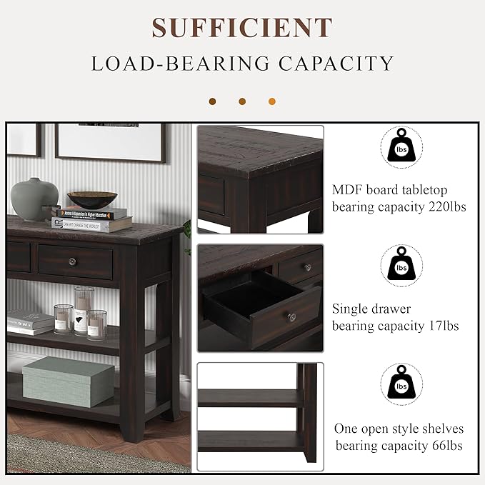 LKTART Solid Wood Console Table,Sofa Table with Storage Drawers and Bottom Shelf,Entryway Table for Entry Hallway Foyer,Easy Assembled (48.8" Distressed Black)