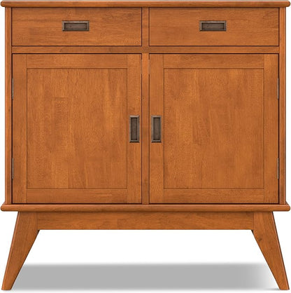 SIMPLIHOME Draper Solid Hardwood 36 inch Wide Mid Century Modern Entryway Storage Cabinet in Teak Brown for The Living Room, Entryway and Family Room
