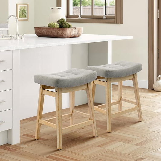 Counter Height Bar Stool for Kitchen Counter Modern Backless Barstool with Upholstered Fabric Seat and Solid Wood Leg Farmhouse 24 inch Bar Chair, Grey + Wood Color, 1pc