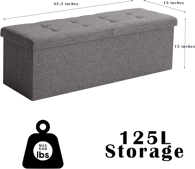CUYOCA 45.3 Inches Ottoman Bench - Foldable Seat, Footrest, Shoe Bench, End of Bed Storage With Flipping Lid, 166L Space, Linen Fabric Emerald