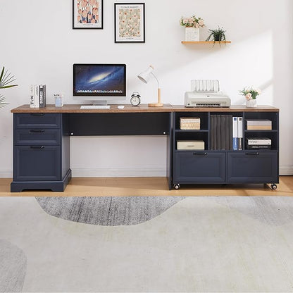 60" L-Shaped Executive Desk with 40" File Cabinet,Farmhouse Home Office Desk with Charging Station,Wood Computer Desk Set for Office Work,Home Study (Blue)