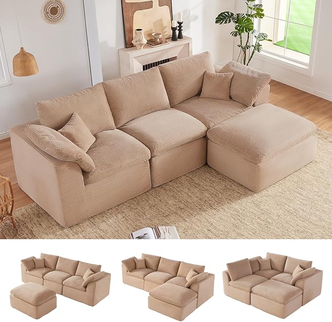 112" Cloud Sectional Couch, Boneless couches for Living Room, L Shaped Couch with Convertible Ottoman, Modular Sectional Sofa with Deep Seat, Comfy Soft Cushions, No Assembly, Camel