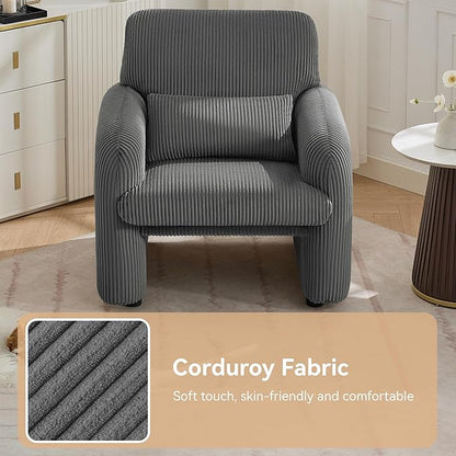 Corduroy Fabric Accent Chair, Modern Upholstered Living Room Chairs with Lumbar Pillow, Wide Comfy Leisure Armchair for Bedroom, Office, Reading, Grey