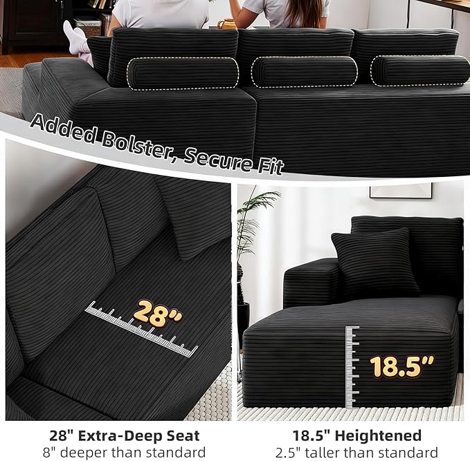 107" Boneless Couch, Sectional Couchs for Living Room & Bedroom, Cloud Couch with L-Shape Chaise Modern Modular Sofa with Deep Seat, No Assembly Required (Jet Black)