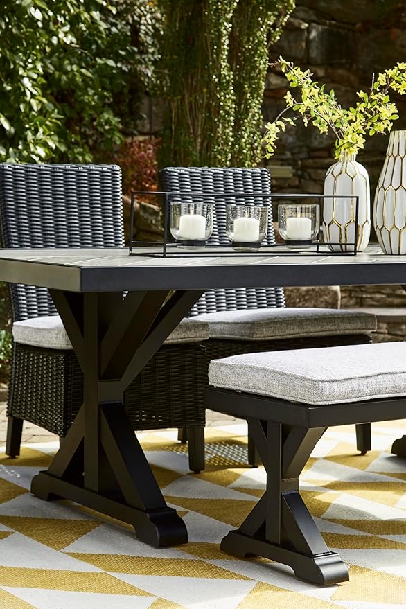 Signature Design by Ashley Beachcroft Casual Nuvella Weather Resistant Fabric Outdoor Bench with Cushion, Light Gray & Black