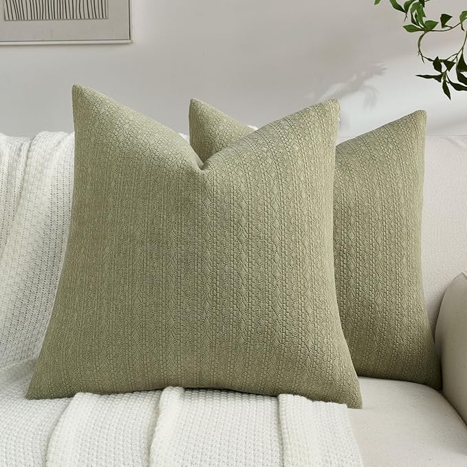 FUTEI Sage Green Chenille Throw Pillow Covers 22x22 Inch Set of 2,Soft Striped & Diamond Textured Cushion Cases,Modern Home Decor for Couch Living Room