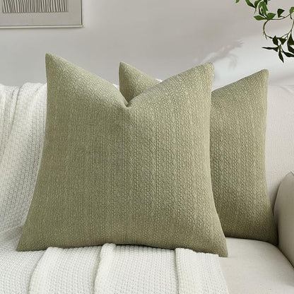 FUTEI Sage Green Chenille Throw Pillow Covers 22x22 Inch Set of 2,Soft Striped & Diamond Textured Cushion Cases,Modern Home Decor for Couch Living Room