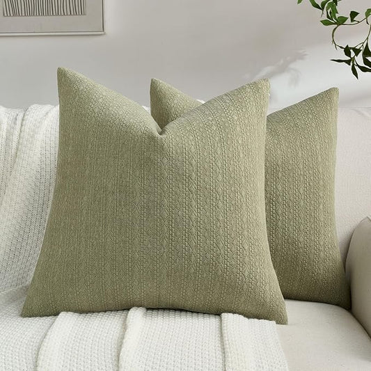 FUTEI Sage Green Chenille Throw Pillow Covers 22x22 Inch Set of 2,Soft Striped & Diamond Textured Cushion Cases,Modern Home Decor for Couch Living Room