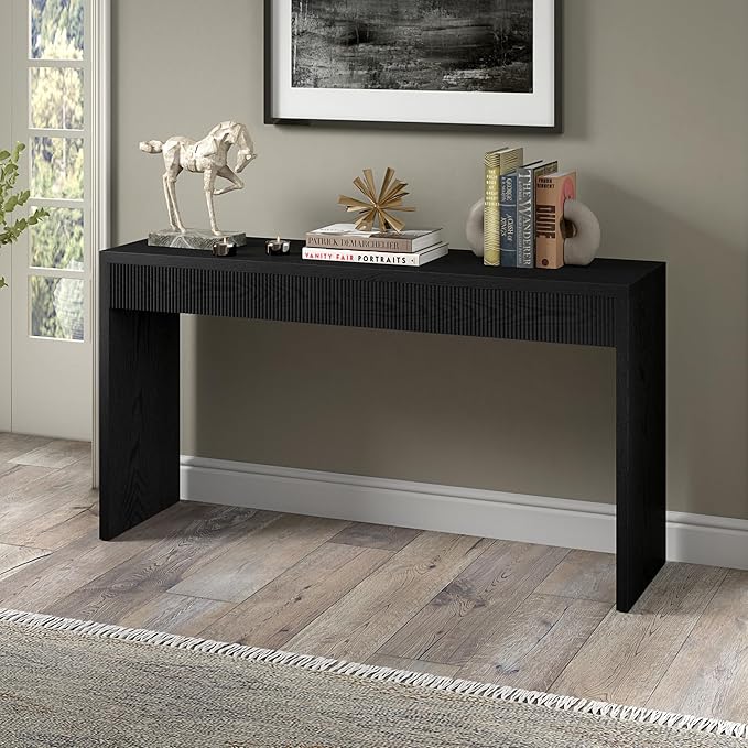 Henn&Hart 55'' Wooden Rectangular Fluted Console Table Entryway Table, Sofa Table for Entryway, Living Room, Couch, Hallway, or Office, Black Grain