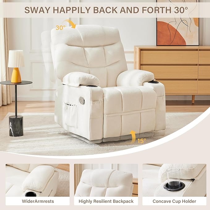 Manual Rocker Recliner Chair, 360°Swivel Recliner Chairs for Adults, Single Recliner Seat with Cup Holders,Upholstered Fabric Lazy Boy Recliner,White