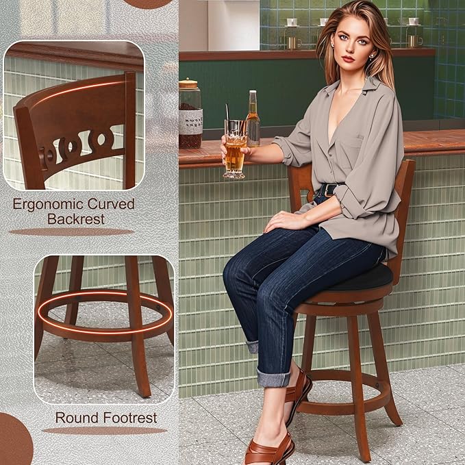 COSTWAY Bar Stools Set of 2, 24.5” Counter Height Bar stools with Solid Wood Legs, Cushioned Seat, Footrest, for Home, Kitchen Island, Bar (2, 24.5'' Seat Height)