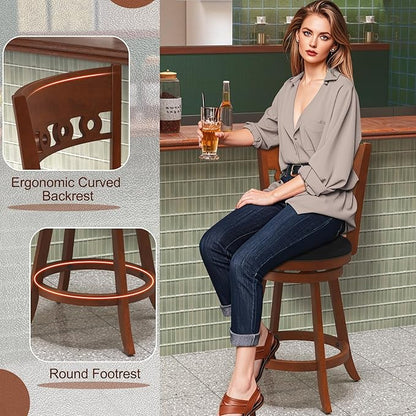 COSTWAY Bar Stools Set of 2, 24.5” Counter Height Bar stools with Solid Wood Legs, Cushioned Seat, Footrest, for Home, Kitchen Island, Bar (2, 24.5'' Seat Height)