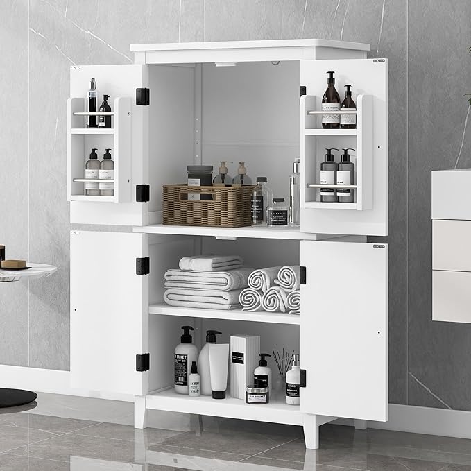 Tall Storage Cabinet, Bathroom Floor Freestanding Storage Cabinet with 2 Double-Door and Adjustable Shelves for Bathroom, Office, Living Room, White
