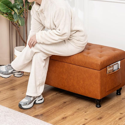 Leather Storage Ottoman Bench Rectangle 32 Inch Foot Rest Ottomans Stool for Living Room Bedroom(Yellowish Brown)