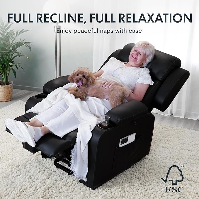 FLEXISPOT XL31 Power Lift Recliner Chair for Elderly, Electric Lift Chair with Massage & Heat, PU Leather Reclining Sofa w/Cup Holders, Side Pockets for Living Room Bedroom(Medium Size,Black)