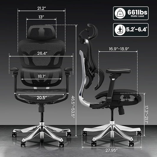 FLEXISPOT ErgoX Max Ergonomic Office Chair Black - Aluminum Alloy Frame & Base, 661 lb Capacity, 5D Armrests, 4D Adaptive Lumbar & 4D Headrest