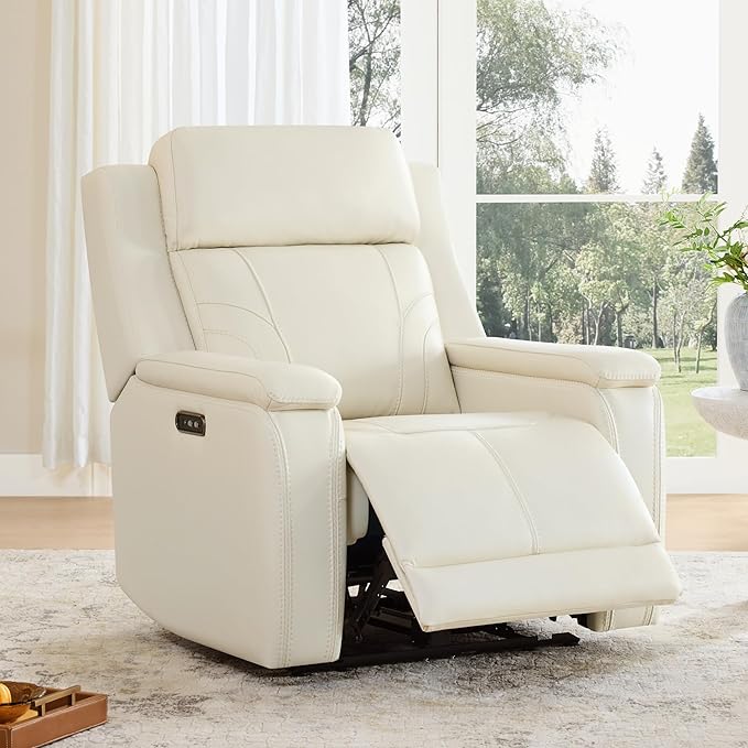 Watson & Whitely Genuine Leather Electric Recliner Chairs for Adults, Lay Flat Recliner with Power Headrest & Chargers for Living Room, Cream