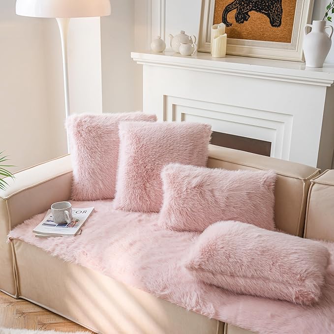 Neelvin Pink Faux Fur Cozy Fluffy Double-Sided Decorative Throw Pillow Covers 20x20 inch Set of 2,Velvet Pillowcase Cushion Case for Sofa Couch