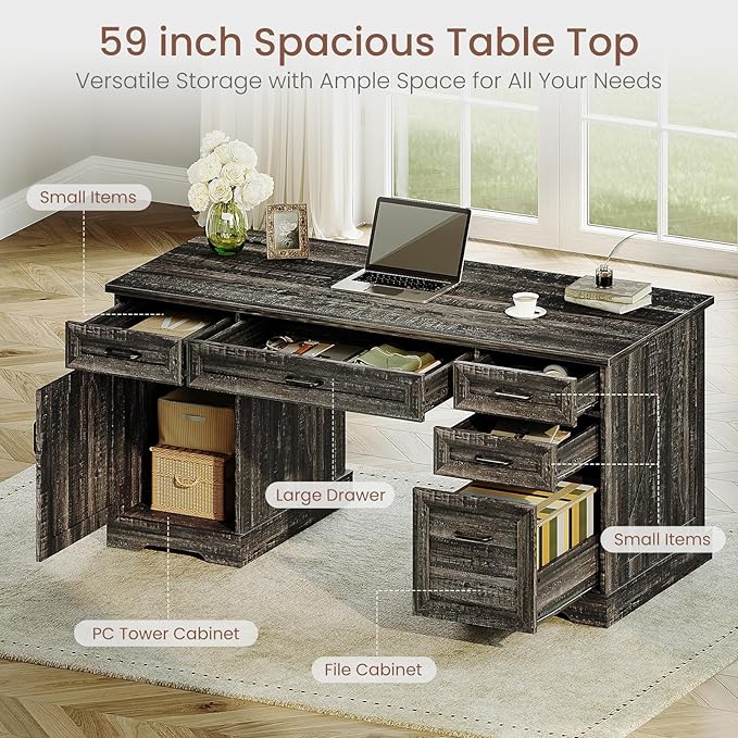 Casaottima 59 Inch Wood Farmhouse Office Desk with Drawers, Executive Computer Desk with File Cabinet & Charging Station for Home Office, Oak