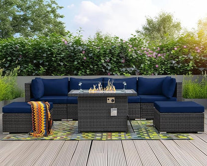 NICESOUL 7 Piece Outdoor Sectional Sofa Set with Firepit Natural Gas & Propane Convertible, Oversized Deep Seating Patio Furniture for Tall Person, 2 Color Cushion Navy & Gray for Easy Maintenance