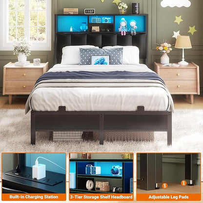 Aheaplus Headboard for Twin Size Bed with Storage, Upholstered Headboards with Outlets, USB Ports and LED Light, Reversible Twin Size Head Board, Height Adjustable, Comfortable Headboard, Black