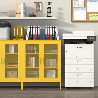 Yellow Metal Storage Cabinet with Mesh Doors, Office Metal Locker Cabinet, Metal Display Cabinet with 2 Adjustable Shelves for Home, Office, Kitchen