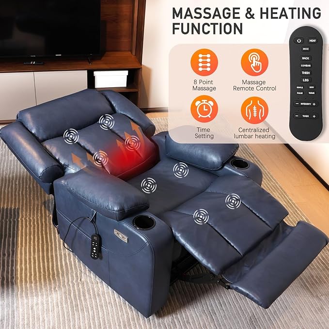 EONIX Dual Motor Oversized Power Lift Recliner Chair for Elderly, 400lbs Heavy Duty Faux Leather Recliner with Massage and Heat, Big and Tall Lay Flat Lift Chair with Cup Holders, SLRY006, Navy Blue