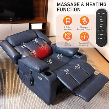 EONIX Dual Motor Oversized Power Lift Recliner Chair for Elderly, 400lbs Heavy Duty Faux Leather Recliner with Massage and Heat, Big and Tall Lay Flat Lift Chair with Cup Holders, SLRY006, Navy Blue