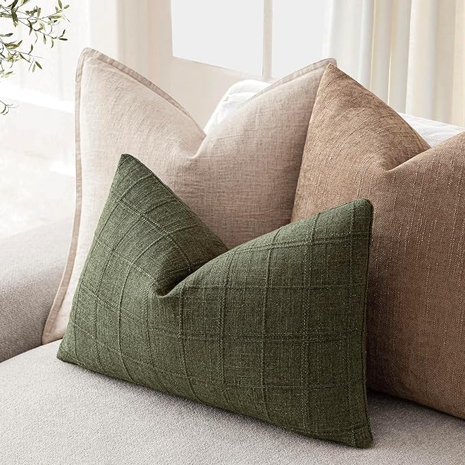Foindtower Set of 2 Decorative Linen Check Throw Pillow Covers Neutral Farmhouse Lumbar Cushion Covers Modern Boho Home Decor for Sofa Chair Couch Bedroom Living Room,12×20 Inch,Olive Green