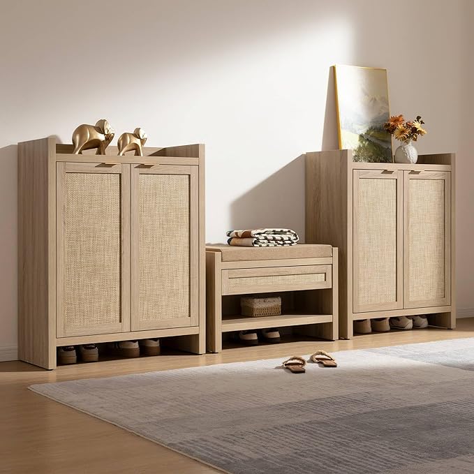 SICOTAS Shoe Cabinet Set of 3, Large Capacity Shoe Storage Organizer Cabinet, Tall Rattan Shoe Cabinet with Doors and Shelves, 6-Tier Farmhouse Boho Wooden Storage Cabinet for Entryway, Light Oak