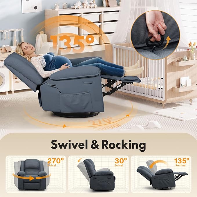 FLEXISPOT 360° Swivel Rocker Recliner for Adults, Massage Rocker Recliner Chair with Heating, Nursery Chair Swivel Glider Sofa for Living Room, Bedroom, Nursery, Slate