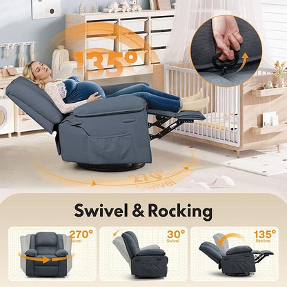 FLEXISPOT 360° Swivel Rocker Recliner for Adults, Massage Rocker Recliner Chair with Heating, Nursery Chair Swivel Glider Sofa for Living Room, Bedroom, Nursery, Slate