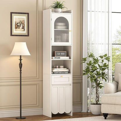 Maupvit 68” Tall Slim Bathroom Storage Cabinet, Narrow Cabinet with Drawer and Fluted Glass Door, Wave-Like Panel, 3-Tier Adjustable Shelves, 14.9" Wide for Small Space, 8 Compartments, White