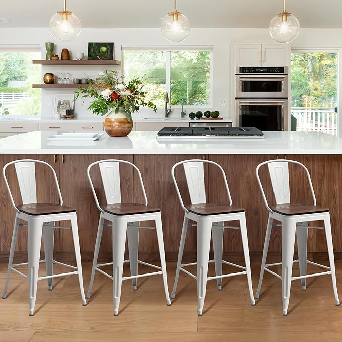 Aklaus Swivel Metal Bar Stools with Backs Counter Stools Set of 4 Counter Height Stools High Back Bar Chairs 26 Inch Barstool Farmhouse White Cream Barstools