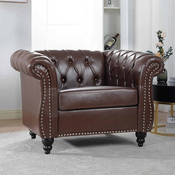 LEVNARY Leather Chesterfield Chair, Mid-Century Modern Single Sofa Chair, Tufted Upholstered Rolled Armchair for Home Bedroom Reading Room (Dark Brown)