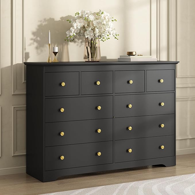 Black Dresser for Bedroom, 10 Drawer Dresser with Large Drawers, 55 Inch Wide Wood Chest for Living Room, Hallway