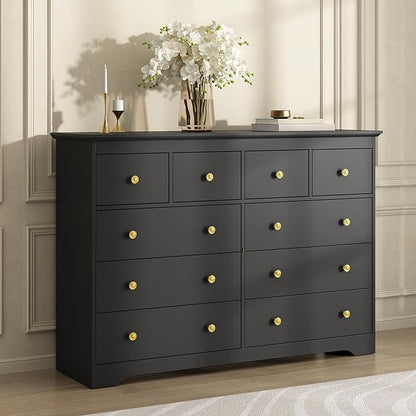 Black Dresser for Bedroom, 10 Drawer Dresser with Large Drawers, 55 Inch Wide Wood Chest for Living Room, Hallway