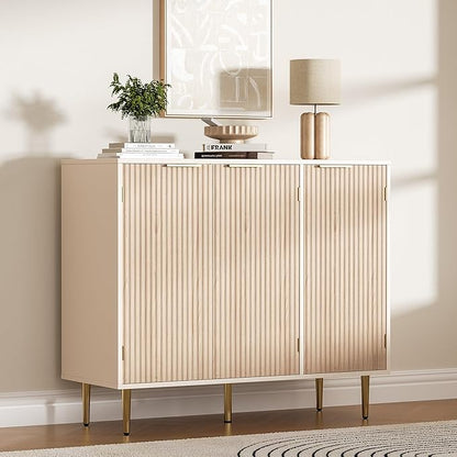 Fluted Sideboard Buffet with 3 Doors, Modern Accent Cabinet with Adjustable Shelves, Kitchen Storage Cabinet with Golden Handles, Coffee Bar for Kitchen, Living Room, Oak