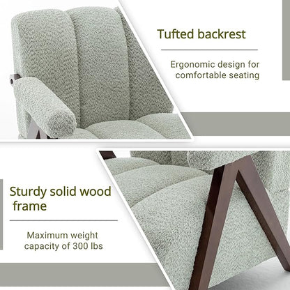 Mid Century Modern Accent Chair with Solid Wood Frame, Boucle Upholstered Living Room Chairs with Thick Cushion, Comfy Tufted Arm Chair for Bedroom, Sage