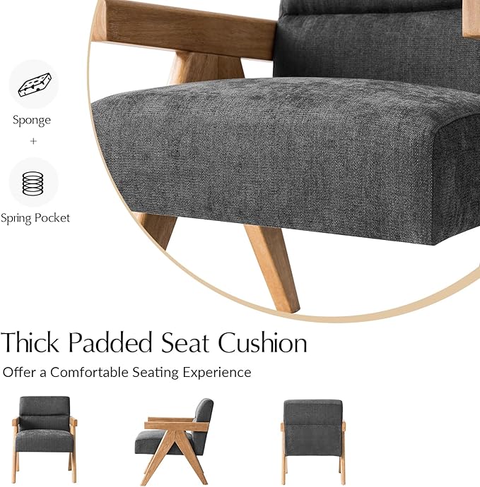 HULALA HOME Modern Accent Chair, Upholstered Arm Chair with Solid Wood Frame, Comfortable Padded Seat and Back, for Living Room, Bedroom, Charcoal