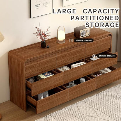 9 Drawer Dresser For Bedroom 63 Inch Wood Chest of Drawers - Curved Anti Collision, Mid Century Dresser For Closet with Natural Texture & Pre-Embedded Slots for TV Stand, Living Room, Nursery