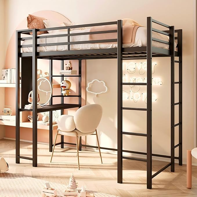 SUNLEI Metal Twin Loft Bed with Desk, Twin Size Loft Bed with 2 Built-in Ladders & Safety Guard, for Small Bedroom Noise Free, Charcoal Black