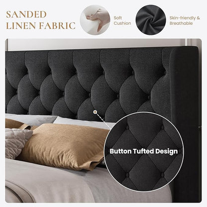 SHA CERLIN King Size Platform Bed Frame with Upholstered Headboard and Wingback, Button Tufted Design, Easy Assembly, No Box Spring Needed, Black