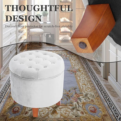 Homepop Home Decor | Upholstered Round Velvet Tufted Foot Rest Ottoman | Ottoman with Storage for Living Room & Bedroom | Decorative Home Furniture, Gray Small