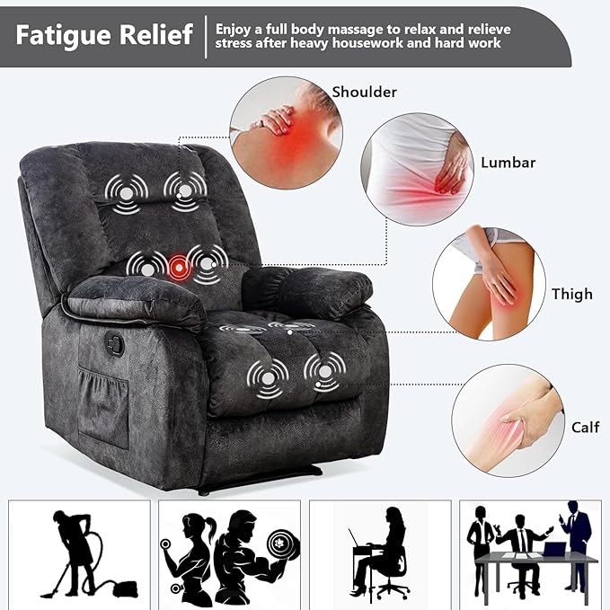 ANJHOME Massage Recliner Chairs with Heat and Vibration,Overstuffed Manual Rocking Reclining Chair for Living Room Bedroom (Grey)