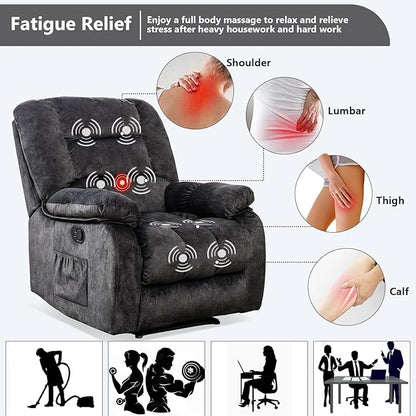 ANJHOME Massage Recliner Chairs with Heat and Vibration,Overstuffed Manual Rocking Reclining Chair for Living Room Bedroom (Grey)