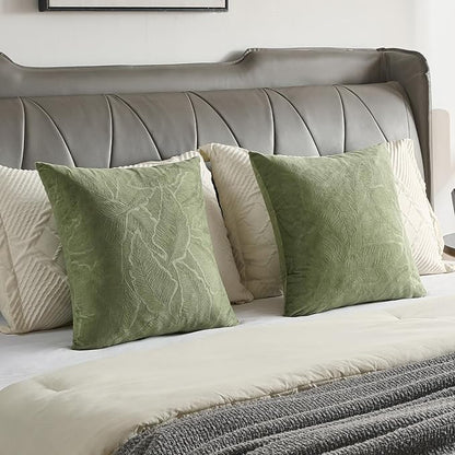 FUTEI Sage Green Velvet Throw Pillow Covers 16x16 Inch Set of 2,Soft Embossed Leaf-Relief Textured Cushion Cases,Natural Home Decor for Couch Living Room