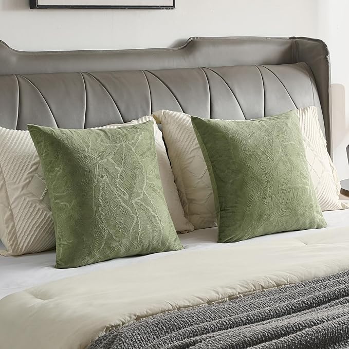 FUTEI Sage Green Velvet Throw Pillow Covers 12x20 Inch Set of 2,Soft Embossed Leaf-Relief Textured Lumbar Pillow Cases,Natural Home Decor for Couch Living Room