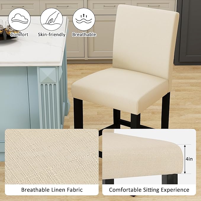 LSSPAID Bar Stools Set of 2, 24.8 Inch Upholstered Fabric Counter Height Stools, Modern Kitchen Island Wood Bar Chairs Barstools with Backrest and Solid Wood Legs, Beige